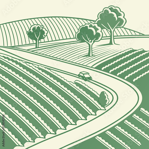 Aerial view of vineyard rows and road with vehicles in modern flat illustration style