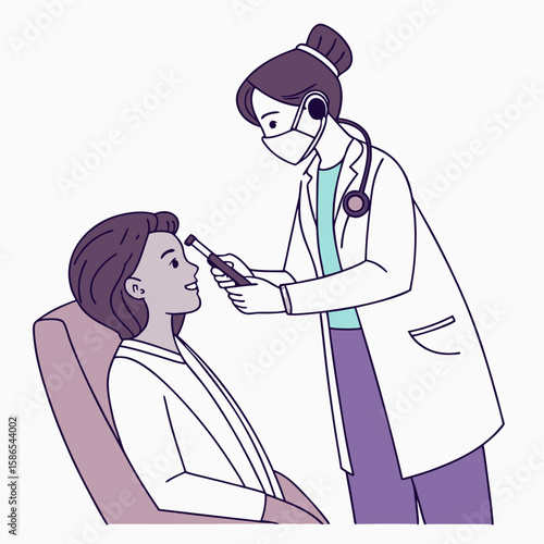 Female doctor checking patient’s ear with otoscope in modern flat illustration style