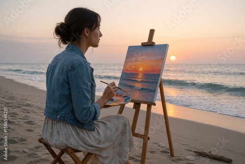 Fototapeta Naklejka Na Ścianę i Meble -  Female artist painting stunning sunset on canvas at beach