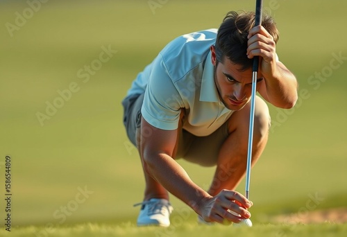 Photorealistic portrait of a focused male golfer lining up a putt