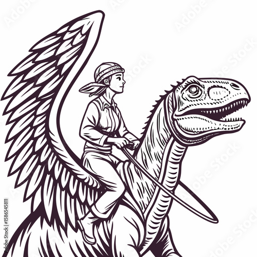 Line art illustration of a woman riding a winged dinosaur with a headscarf and collared shirt created with generated ai