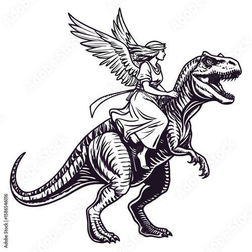 Winged woman riding a dinosaur with open mouth in black and white line art illustration style created with generated ai