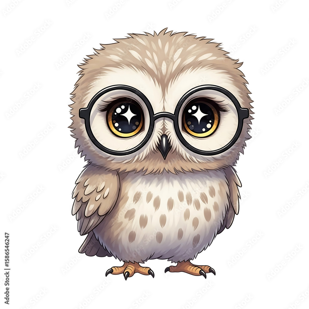 Fototapeta premium Adorable Cartoon Owl Wearing Round Glasses, Whimsical, Childlike, Digital Illustration
