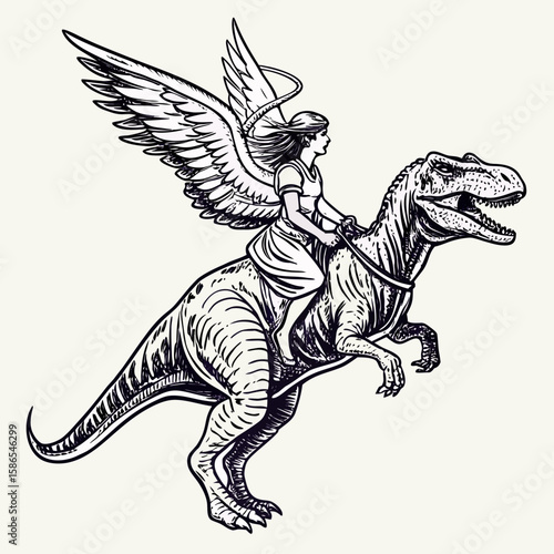 Winged woman riding a dinosaur in black and white sketch style with detailed line work and hatching effect created with generated ai