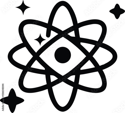 Black Atomic Structure Icon with Four Stars Simple Bold Line Art Design science physics