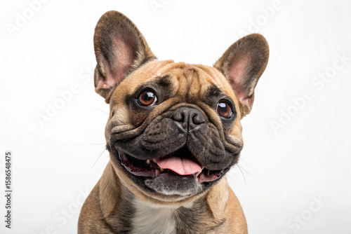 French Bulldog sitting in studio with alert expression and tongue out
