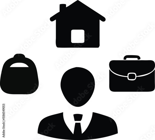 Black Silhouette Icon Work Life Balance Businessman House Briefcase Bag vector