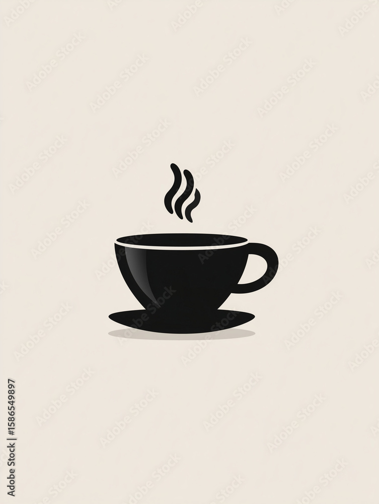 Obraz premium Simple black silhouette coffee cup with rising steam on cream background, minimal flat design