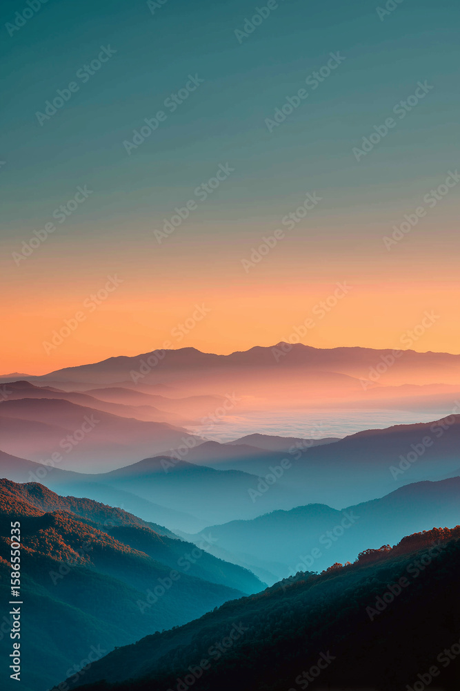Obraz premium Layered pastel mountains fading into mist beneath soft peach dawn sky, minimalist illustration