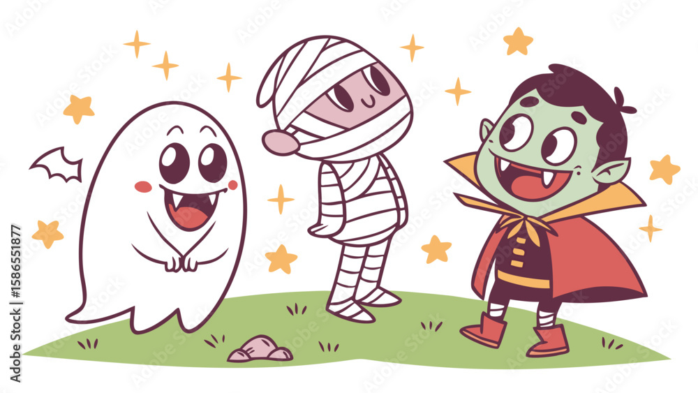 Obraz premium Cute halloween characters ghost mummy and vampire cartoon vector illustration for kids party 100