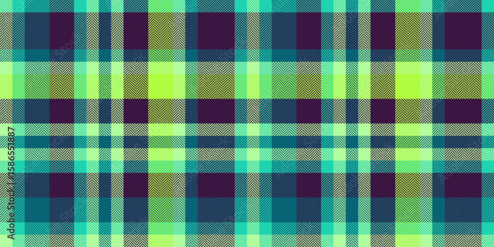 Fototapeta premium Vibrant lime green, teal, and deep purple plaid pattern. Perfect for textile design, fashion, website backgrounds, or any project needing a bold, modern, and energetic feel.