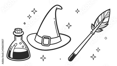 Witchcraft clip art: witch hat, magic potion, wand, and stars vector illustration for halloween design