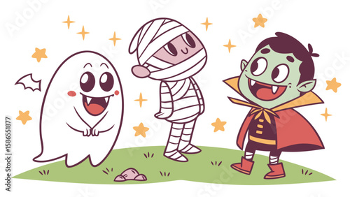 Cute halloween characters ghost mummy and vampire cartoon vector illustration for kids party 100