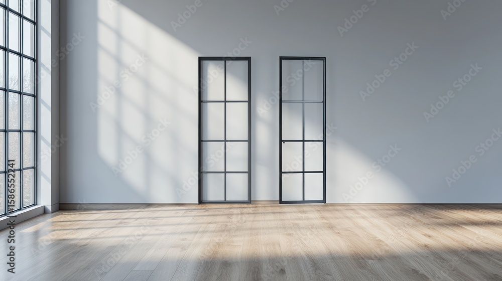 Fototapeta premium Interior shot of an empty room, with large windows, wooden floor, and framed glass doors