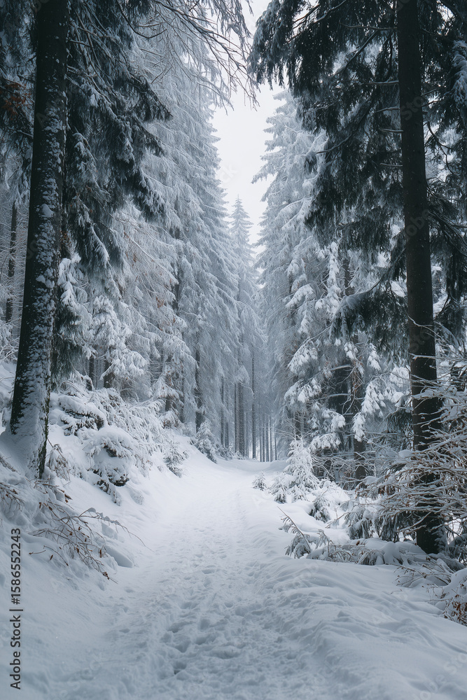 Fototapeta premium Tall snow-laden pines creating serene corridor in winter woods, perspective photograph