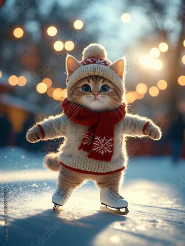 cute kitten ice skating on christmas evening rink in winter.