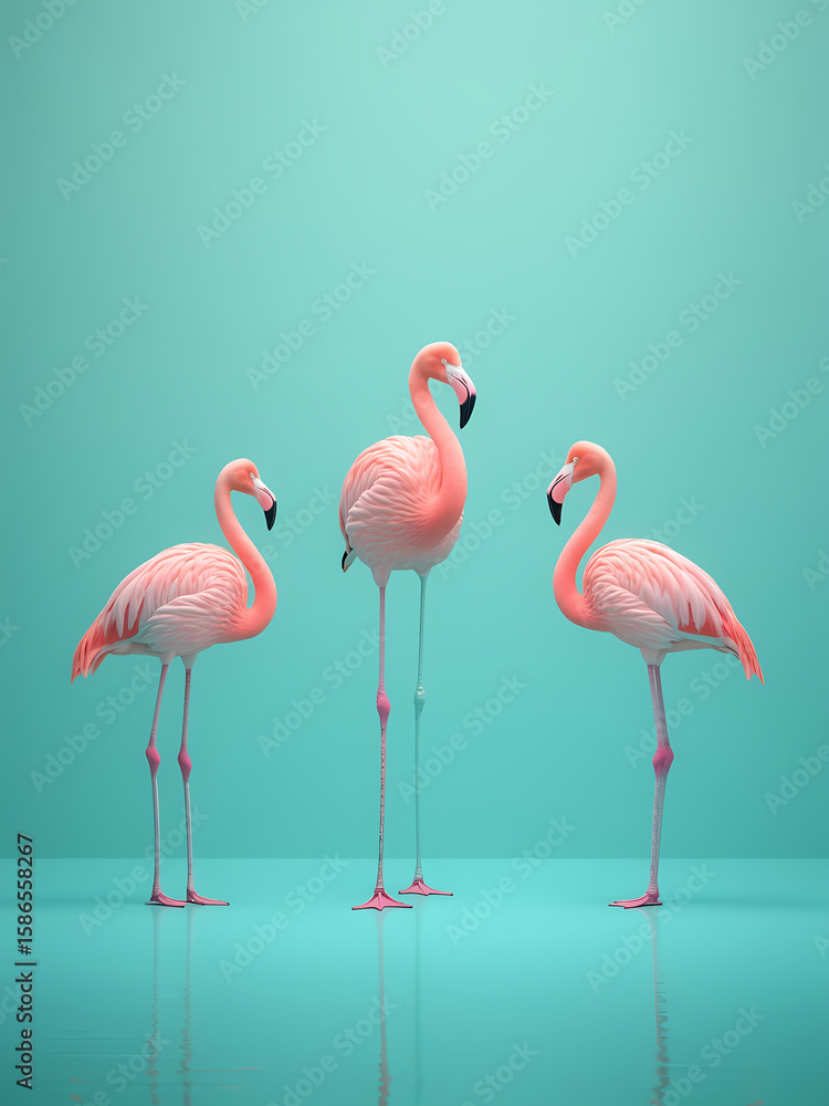 Obraz premium three graceful beautiful pink flamingos stand in water on mint background.