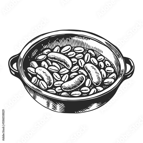 Delicious cassoulet with beans and sausage in ceramic bowl, traditional french dish. Cassoulet with beans and sausage is a hearty meal of meat and legumes, braised to perfection.