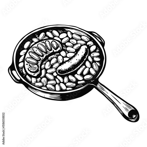 Classic cassoulet with beans and sausage in vintage style pan. Hearty cassoulet illustration showcases delicious white beans, savory sausages, and rich flavors, reflecting traditional culinary arts.