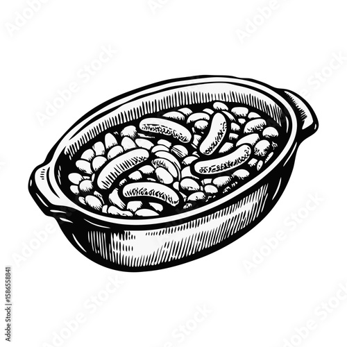 Prepared cassoulet with beans and sausage in ceramic dish, cooked and ready to serve. Hearty cassoulet includes beans and sausage, creating a flavorful main course.