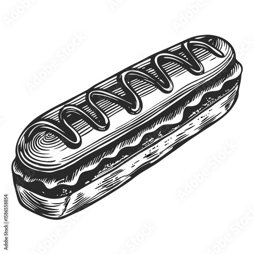 Delicious éclair with chocolate glaze in sketch style, ideal for pastry shop promotion. This sweet éclair with chocolate glaze offers a classic dessert experience.