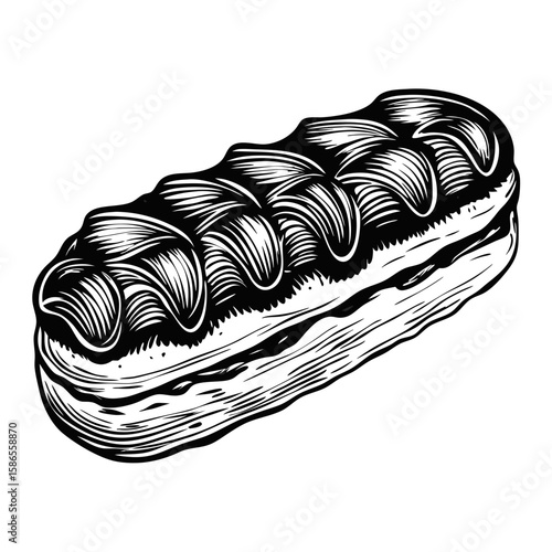 Single eclair with chocolate glaze in black and white, isolated on plain background. Classic eclair is enhanced by rich chocolate topping, displayed in minimalist style.