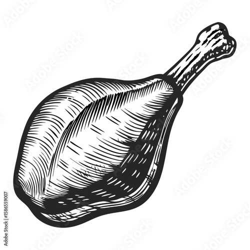 Duck confit leg on white background in detailed sketch style. Delicious duck confit leg cooked in traditional french style on white backdrop. Concept illustration duck confit leg for restaurant menu,