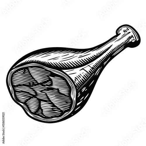 Duck confit leg, traditional French dish, isolated on white background in a sketch style. Classic duck confit leg, a delicacy, can be used in cookbooks and culinary designs for bistro or brasserie.