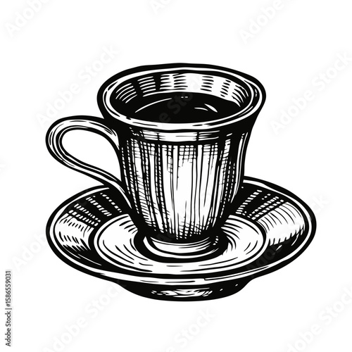 Demitasse cup of espresso, small cup and saucer with dark coffee. Demitasse cup of espresso illustration shows vintage engraving style, highlighting delicate drink and aroma.
