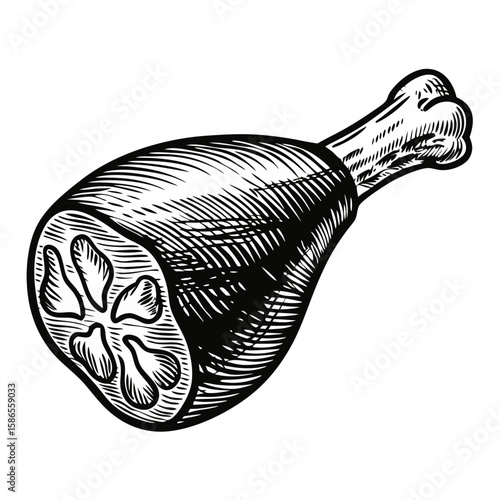 Duck confit leg illustrated with engraved style of cooked duck leg. Duck confit leg culinary experience and deliciousness of roasted fowl and tender meat.