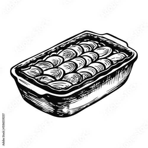 Gratin dauphinois in baking dish, creamy potato layers for gourmet cooking. Traditional gratin dauphinois made with sliced potatoes, cream, and garlic in oven dish.