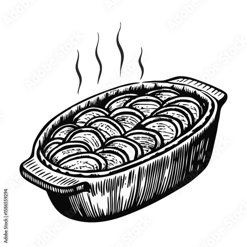 Depiction of gratin dauphinois in a baking dish, showcasing French cuisine and culinary skill. Creamy gratin dauphinois in a baking dish, freshly prepared, embodies traditional flavors and techniques,