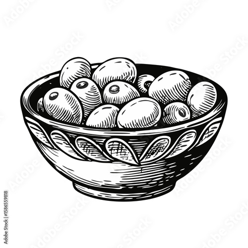 Olives in ceramic bowl, rendered in monochrome sketch, present tasty Mediterranean food. Olives in ceramic bowl offer an appetizing appearance of healthy snack.