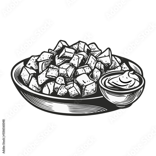 Patatas bravas with spicy sauce, a traditional Spanish tapas dish, served in bowl. Patatas bravas with spicy sauce is a popular and flavorful appetizer,