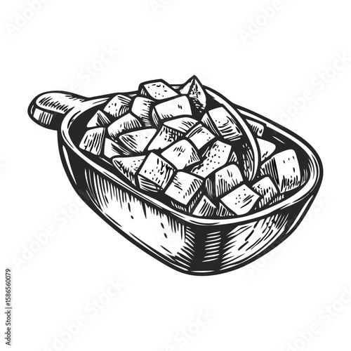 Patatas bravas with spicy sauce in a rustic wooden bowl, appetizing spanish tapas dish with fried potatoes and spicy sauce. Fresh patatas bravas presented as savory dish,