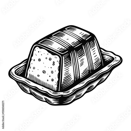 Delicious terrine in ceramic dish on white background, ready to be served. Appetizing terrine shows classic dish preparation and culinary presentation.