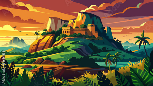 Sigiriya Rock Fortress, Matale, Sri Lanka – Rising from the jungle, this ancient rock fortress offers panoramic views. Its bold silhouette against sunrise sky makes a stunning, culturally rich vector 