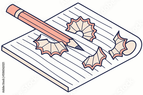 Pencil shavings on lined notebook paper in modern flat illustration style
