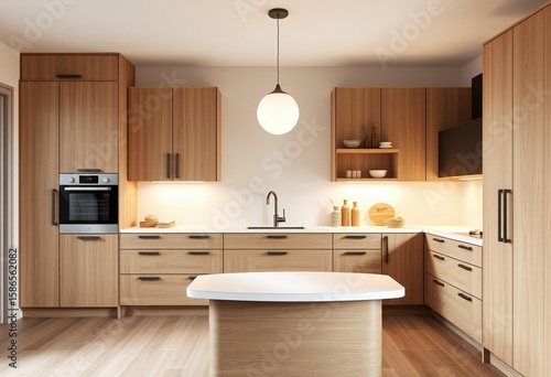 Professional Scandinavian kitchen interior with cottonwood grain and soft-close drawers