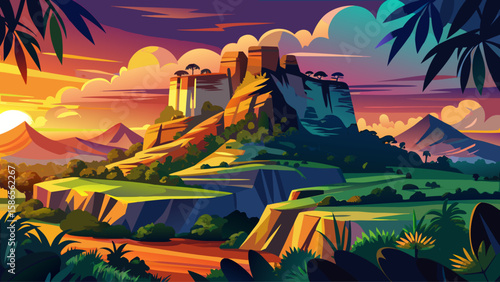 Sigiriya Rock Fortress, Matale, Sri Lanka – Rising from the jungle, this ancient rock fortress offers panoramic views. Its bold silhouette against sunrise sky makes a stunning, culturally rich vector 