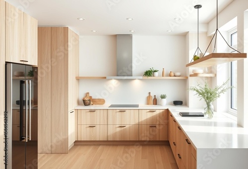 Elder wood grain Scandinavian kitchen with floating shelves