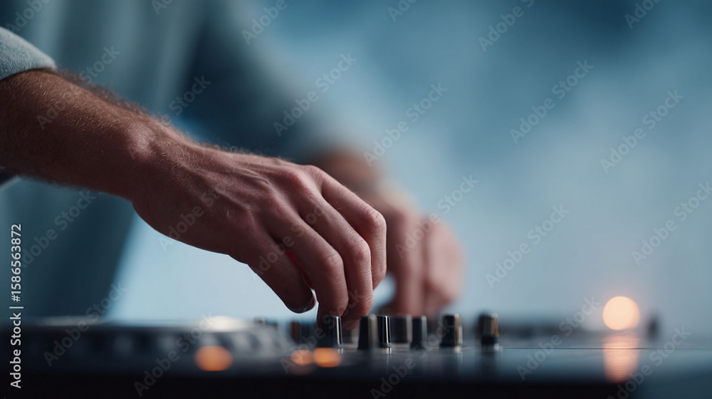 Fototapeta premium Close up of a dj mixing music at a sound mixer with hands in motion. Conceptual image for nightlife, creativity, music production, and artistic expression.