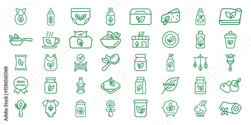 Collection of green line icons representing natural and organic baby products and ingredients
