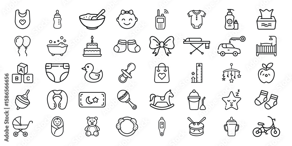 Collection of baby care and childhood icons in a clean outline style Collection of baby care and childhood icons in a clean outline style