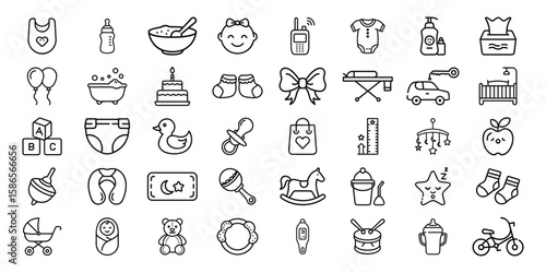 Collection of baby care and childhood icons in a clean outline style