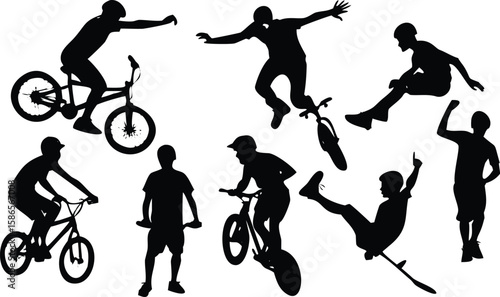 Extreme Sports Silhouette Vector Set, BMX, Skateboard, Scooter & Action Riders