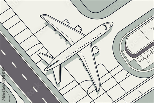 White airplane parked on airport tarmac from above in modern flat illustration style