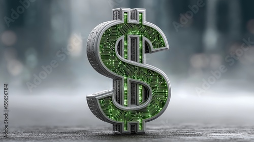 Futuristic metallic dollar sign with glowing green circuit board pattern, symbolizing digital finance and cryptocurrency.