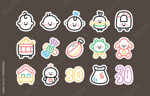 Cute kawaii style sticker pack featuring babies animals and objects