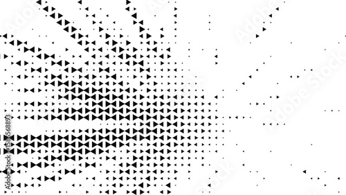 Abstract black triangles scattered across a white background in a dynamic pattern
